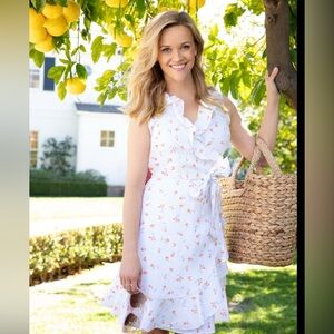 Draper James White Linen Magnolia Print Wrap Dress Summer Classic - Size 4